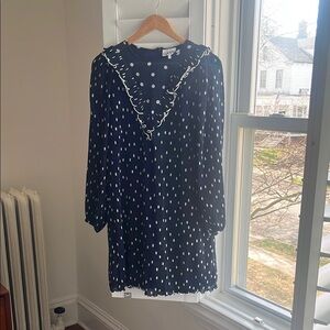 GANNI Navy and White Polka Dot Long-Sleeve Dress